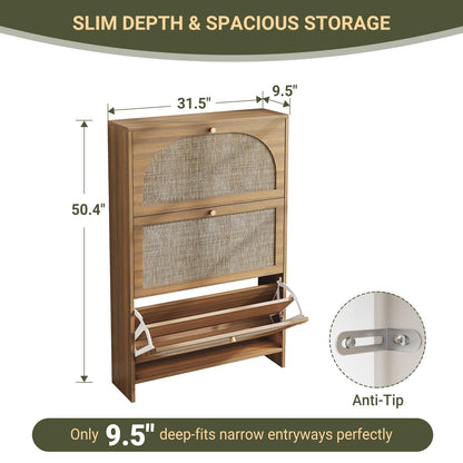Nicetree Rattan Arched Accent Shoe Storage Cabinet - Freestanding Ultra Slim for Entryway, 3 Flip