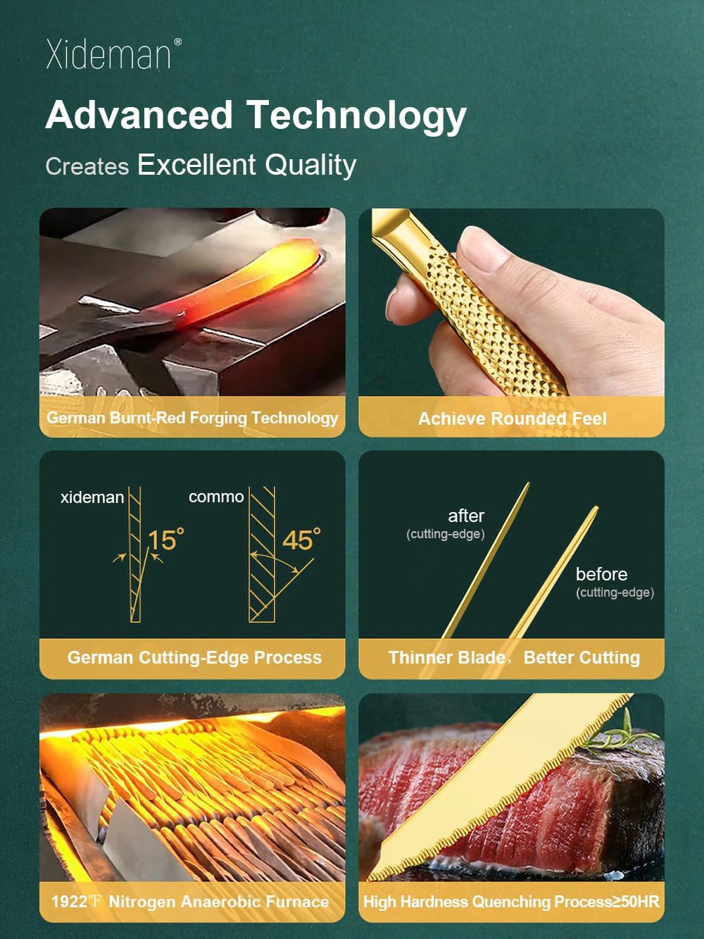 16-Piece Luxury Gold Hammered Silverware Set with Ultra Sharp 2-IN-1 Serrated Knife, 18/10