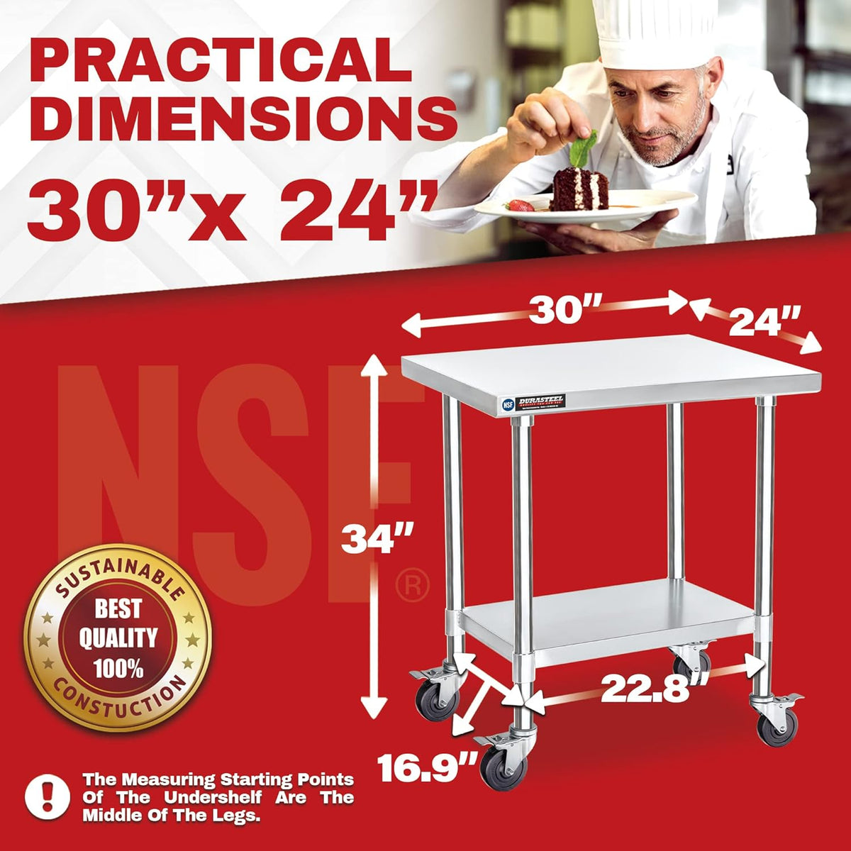 DuraSteel 30x24 NSF Stainless Steel Cart Work Table - Heavy Duty Rolling Food Prep Table - Metal