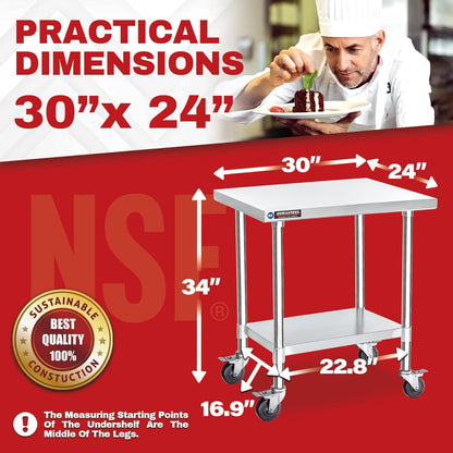 DuraSteel 30x24 NSF Stainless Steel Cart Work Table - Heavy Duty Rolling Food Prep Table - Metal