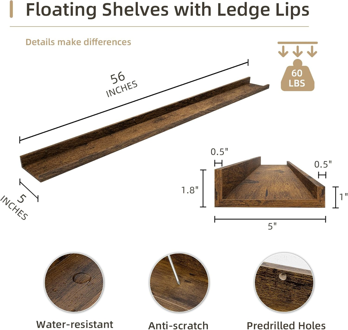 Picture Ledge Shelf, Wood Long Floating Shelves for Wall, Set of 2, 56 inch Picture Ledge Shelves