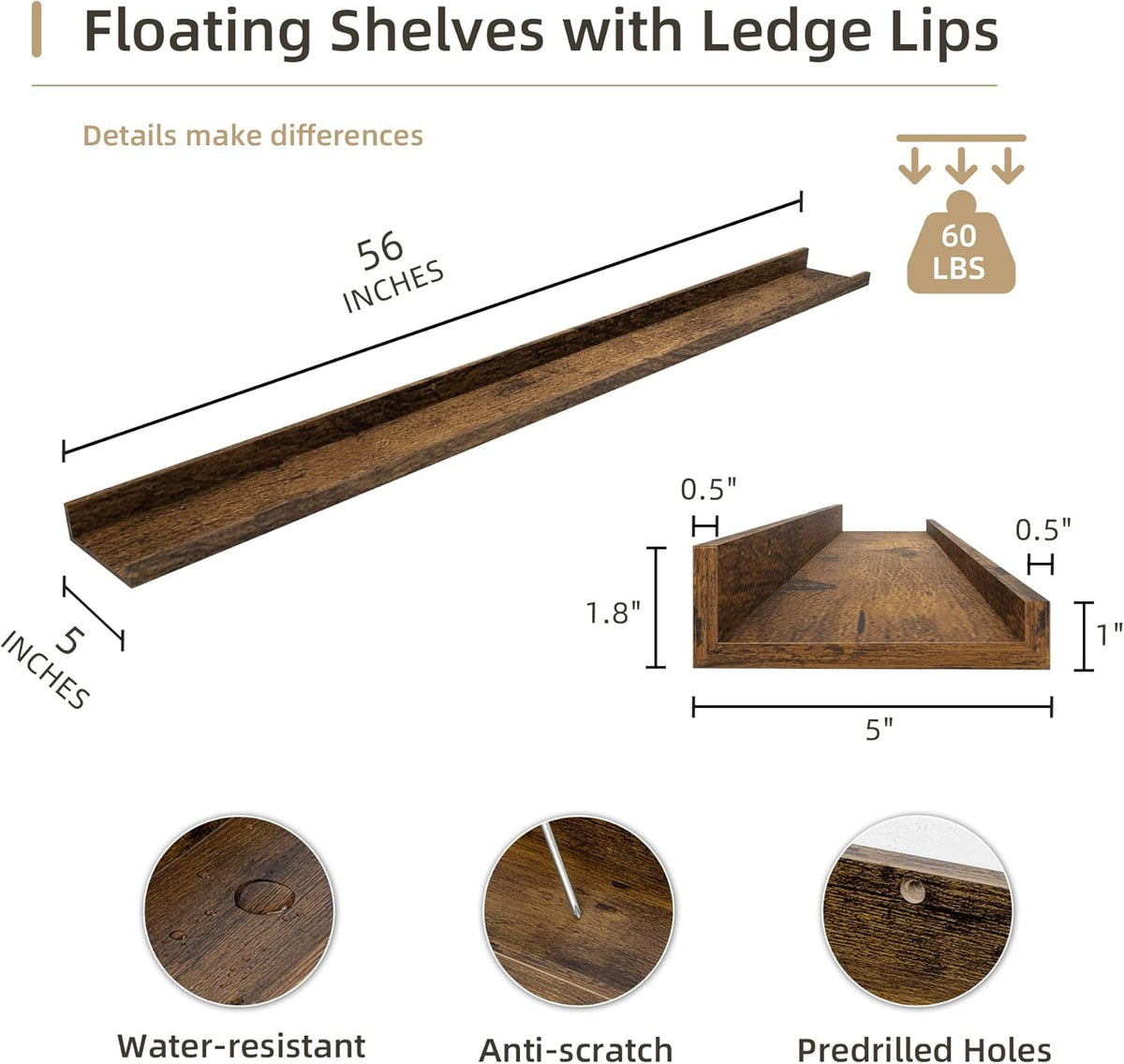 Picture Ledge Shelf, Wood Long Floating Shelves for Wall, Set of 2, 56 inch Picture Ledge Shelves