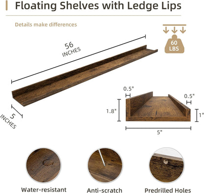 Picture Ledge Shelf, Wood Long Floating Shelves for Wall, Set of 2, 56 inch Picture Ledge Shelves