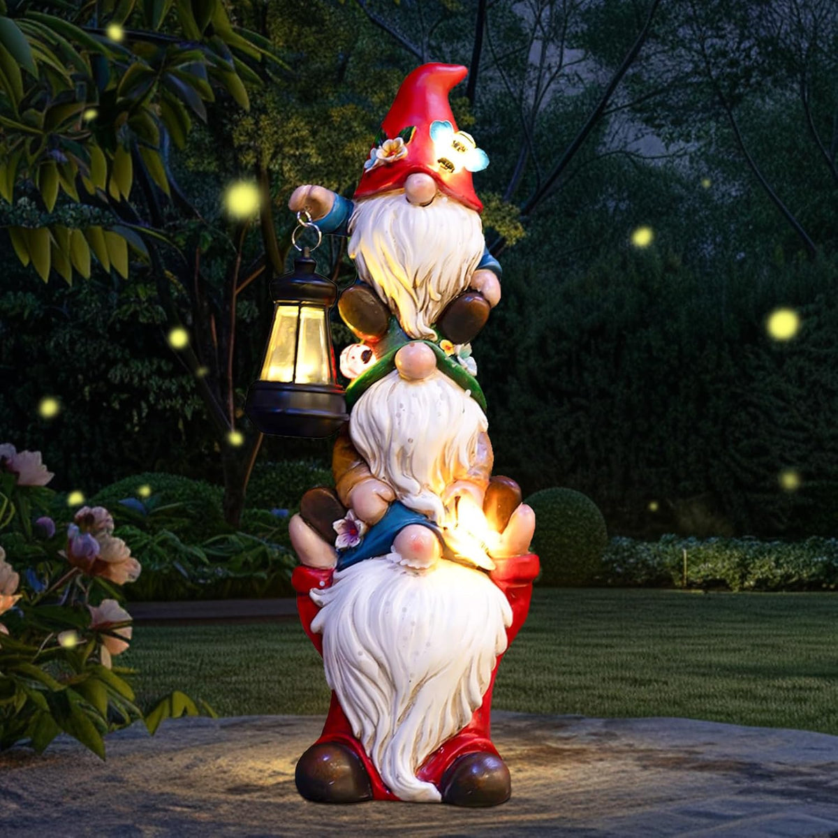 17 in Large Garden Gnome Statue with Solar Lights Sculptures Funny Triple Big Gnome Outdoor Patio