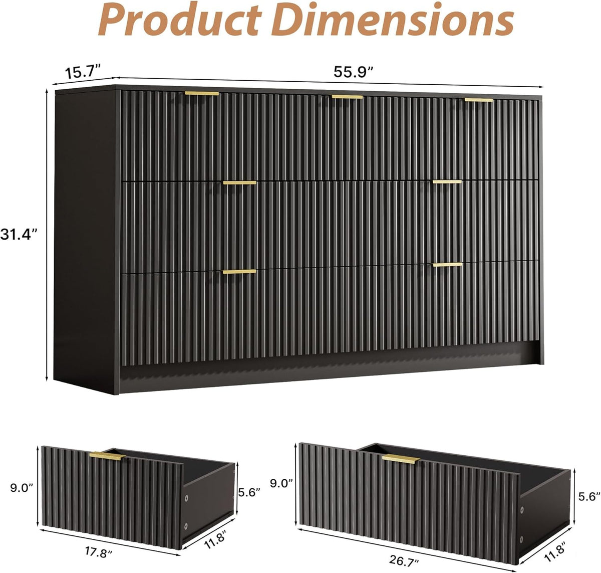Black 7 Drawer Dresser for Bedroom, Modern Fluted Dresser with Gold Metal Handles, Wide Chest of