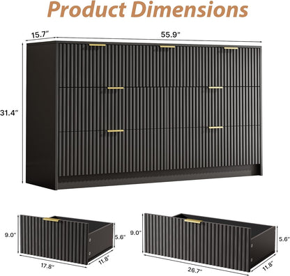 Black 7 Drawer Dresser for Bedroom, Modern Fluted Dresser with Gold Metal Handles, Wide Chest of