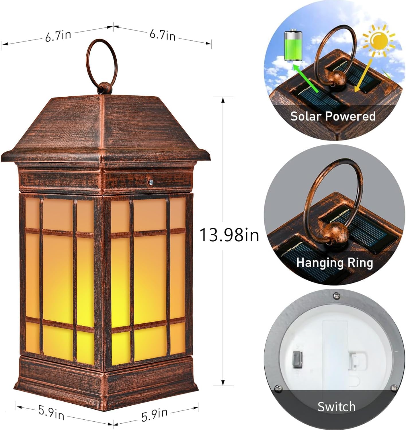 14" Solar Lantern Outdoor Waterproof, Glass Flickering Flame Solar Lanterns, Hanging Metal Lantern