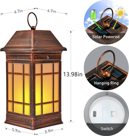14" Solar Lantern Outdoor Waterproof, Glass Flickering Flame Solar Lanterns, Hanging Metal Lantern