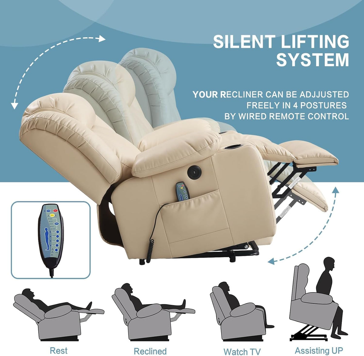 PARKOL Power Lift Recliner Chair for Elderly Breathable Leather Recliner Chair with Massage and