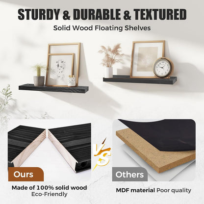 Floating Wall Shelves 2-Pack - Rustic Black 16-inch Wooden Wall Shelves for Storage and Décor