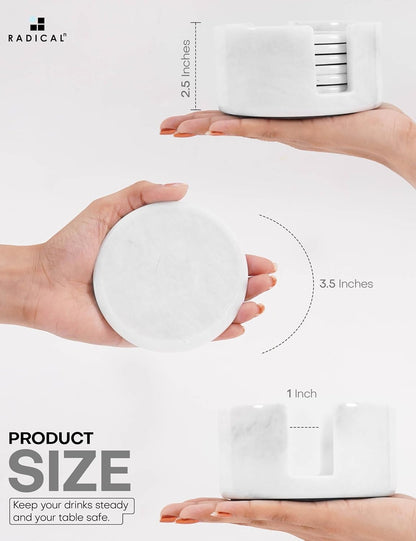 Marble Coasters Set of 6 White 3.5 Inch Round Coaster for Drinks with Holder, Drink Coaster for