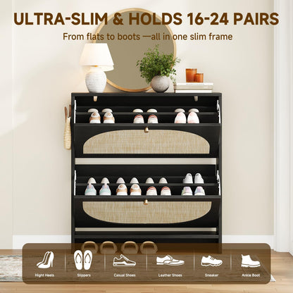 Nicetree Shoe Organizer for Entryway, Slim Shoe Rack with 2 Flip Drawers, Modern Boho Rattan Shoe