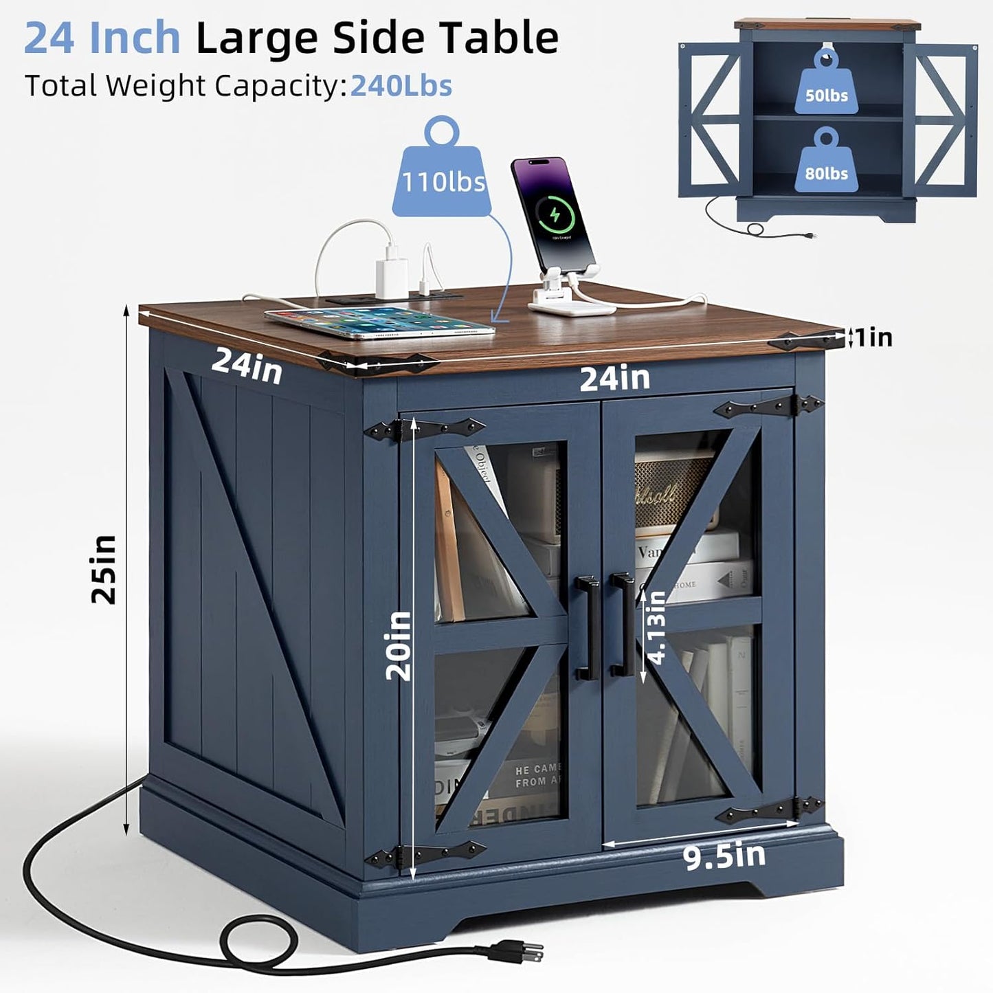 Farmhouse End Table Set of 2 with Charging Station, 24" Large Sofa Side Table with Glass Barn Door