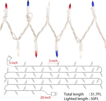 4th of July Decoration Patriotic Mini Lights - 200 Count 50 Feet Red White Blue Incandescent Bulb