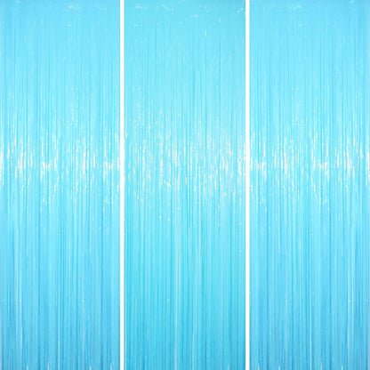 3 Pack 3.3 x 8.2 ft Pastel Blue Foil Fringe Backdrop Curtains, Tinsel Streamers Birthday Party