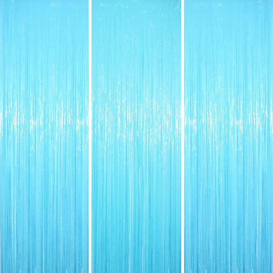 3 Pack 3.3 x 8.2 ft Pastel Blue Foil Fringe Backdrop Curtains, Tinsel Streamers Birthday Party