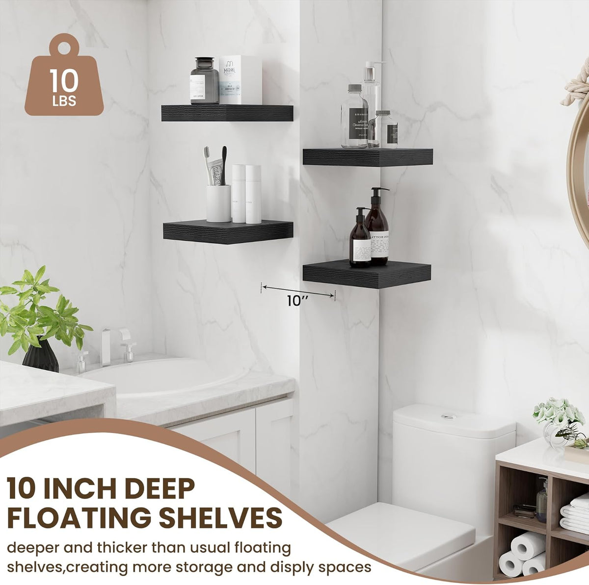 Fun Memories Floating Shelves for Wall 10 Inch, 10 Inch Deep Square Wall Shelves, Bathroom Storage