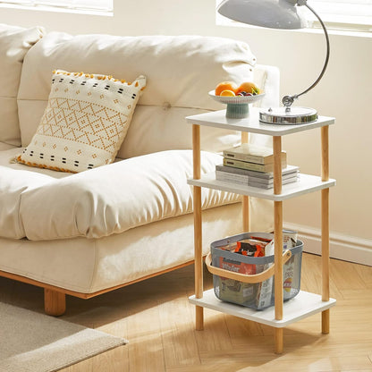 IBUYKE 3-Tier Side Table, Solid Wood Tall End Table with Storage Shelves, Nightstand Bedside Table