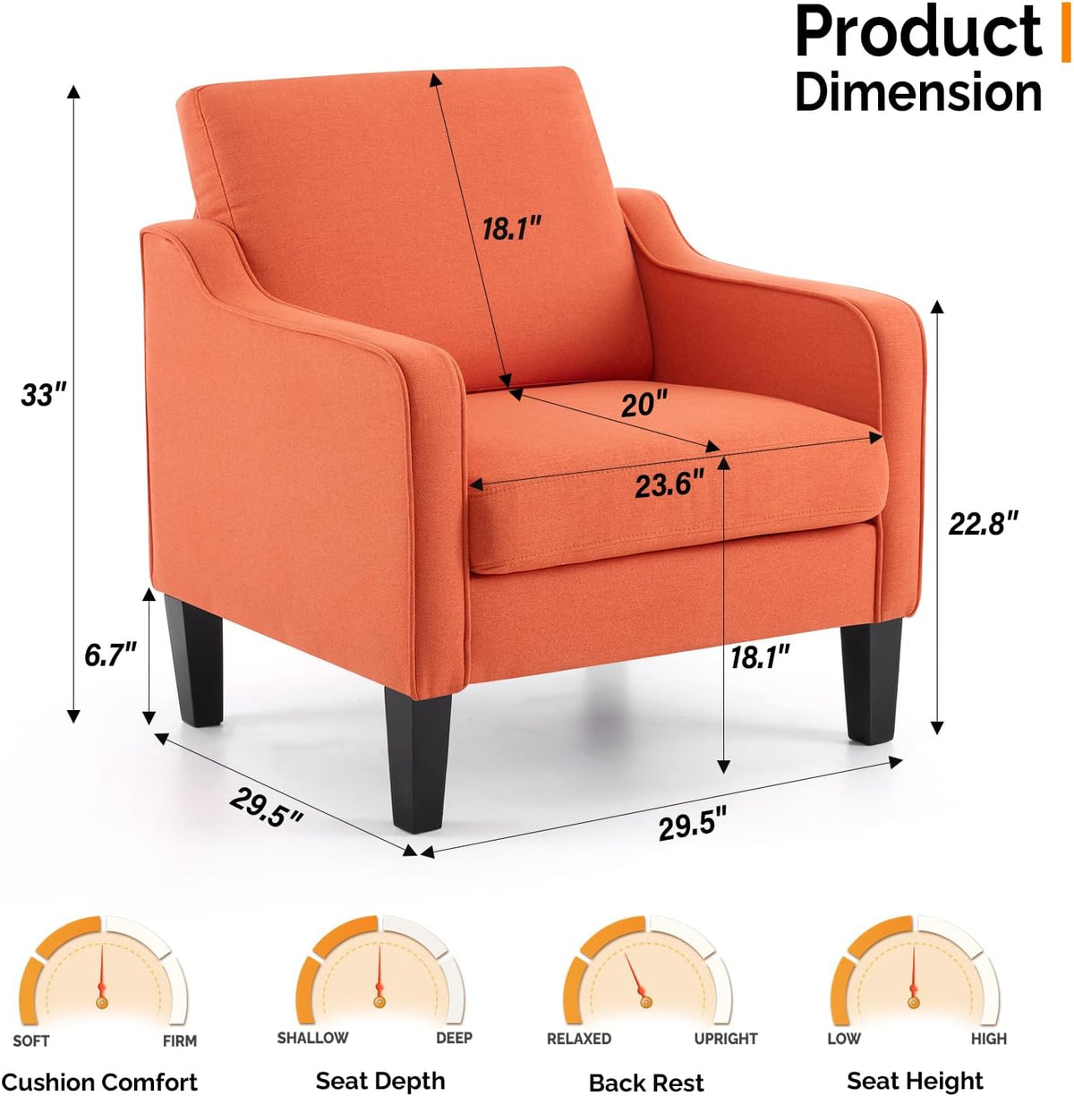 VINGLI Burnt Orange Mid Century Modern Accent Chair for Living Room & Bedroom, Scooped Arm