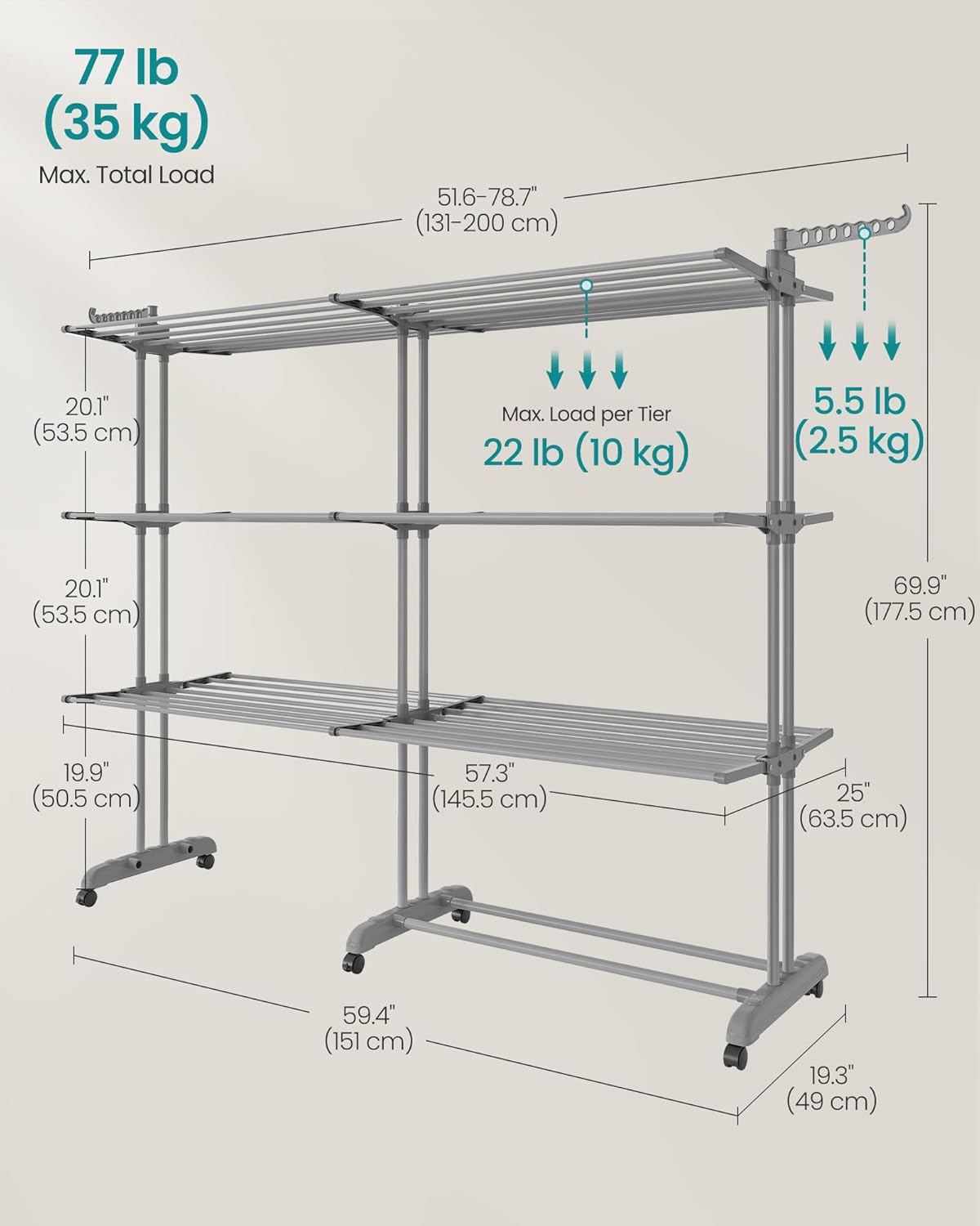 SONGMICS Clothes Drying Rack 4-Tier, Foldable Laundry Drying Rack 69.9-Inch Tall, Extendable Rods