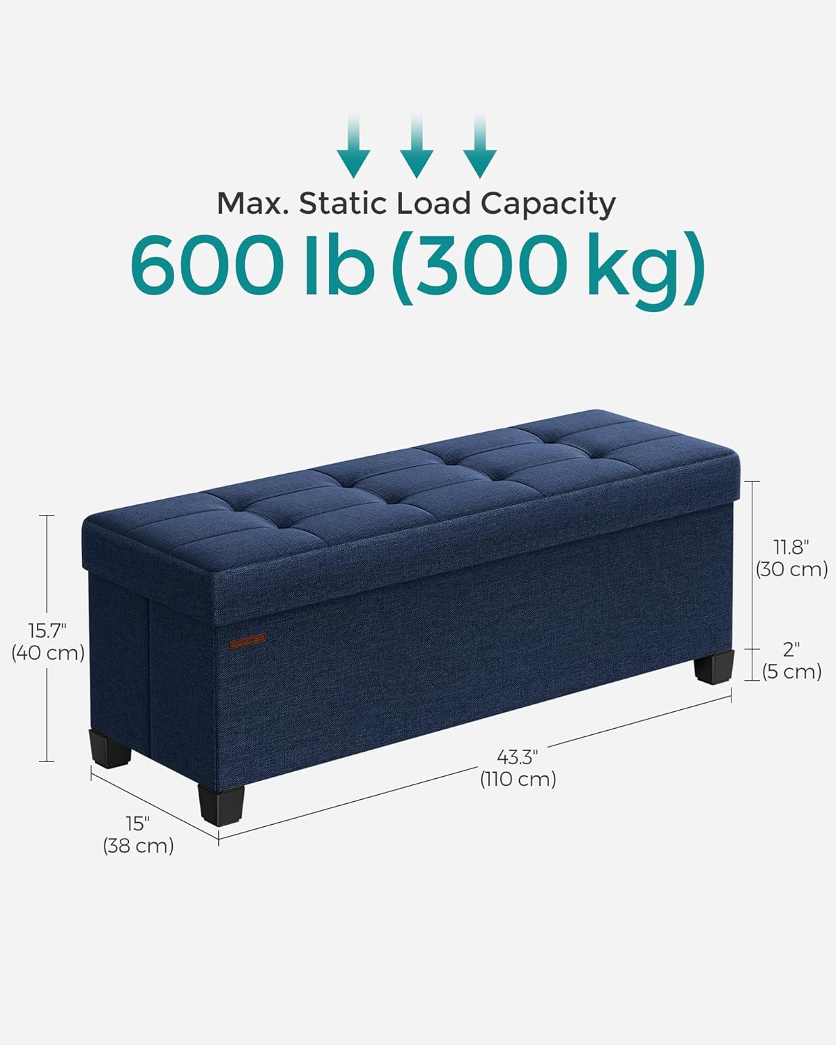 SONGMICS Storage Ottoman Bench, Foldable Foot Rest with Legs, 15 x 43 x 15.7 Inches, End of Bed