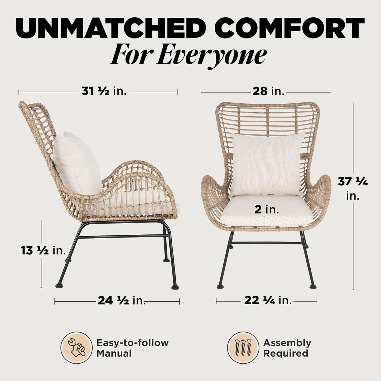 IDZO Isabelle Upgraded 2000 Hours UV Wicker Chairs Outdoor Set of 2, 500 lbs Capacity Outdoor Patio