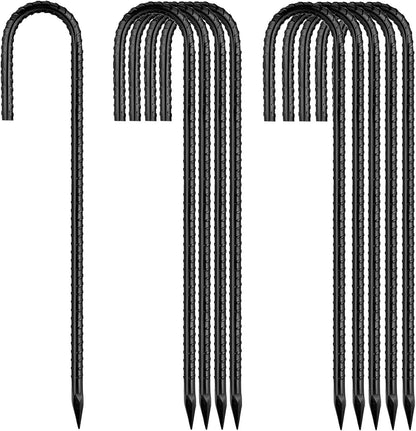 Ground-Stakes-Heavy-Duty-12 inch, J-Hook Rebar Stakes Black Coated Anti-Rust 10pcs Garden Stakes