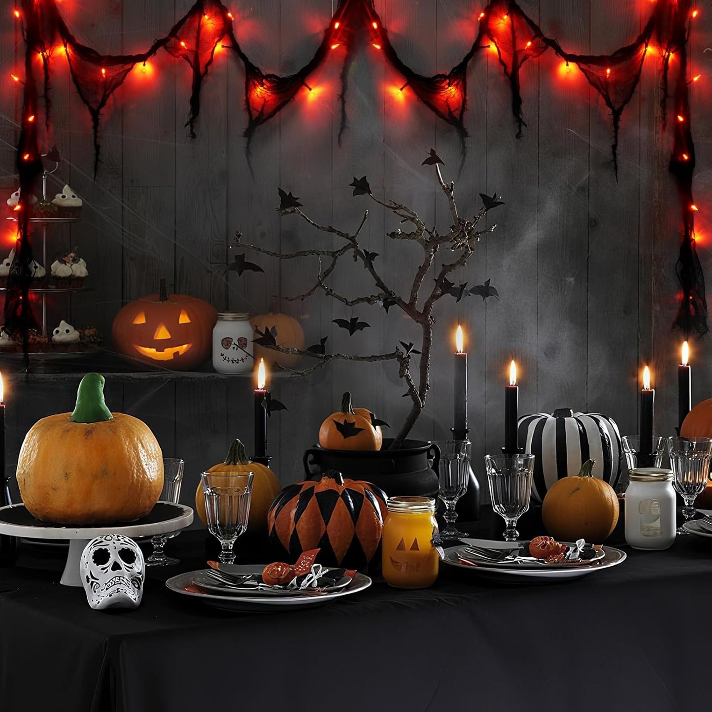 Halloween Horror Atmosphere Lights, Orange&Purple LED String Lights with 9.9FT Creepy Black Gauze