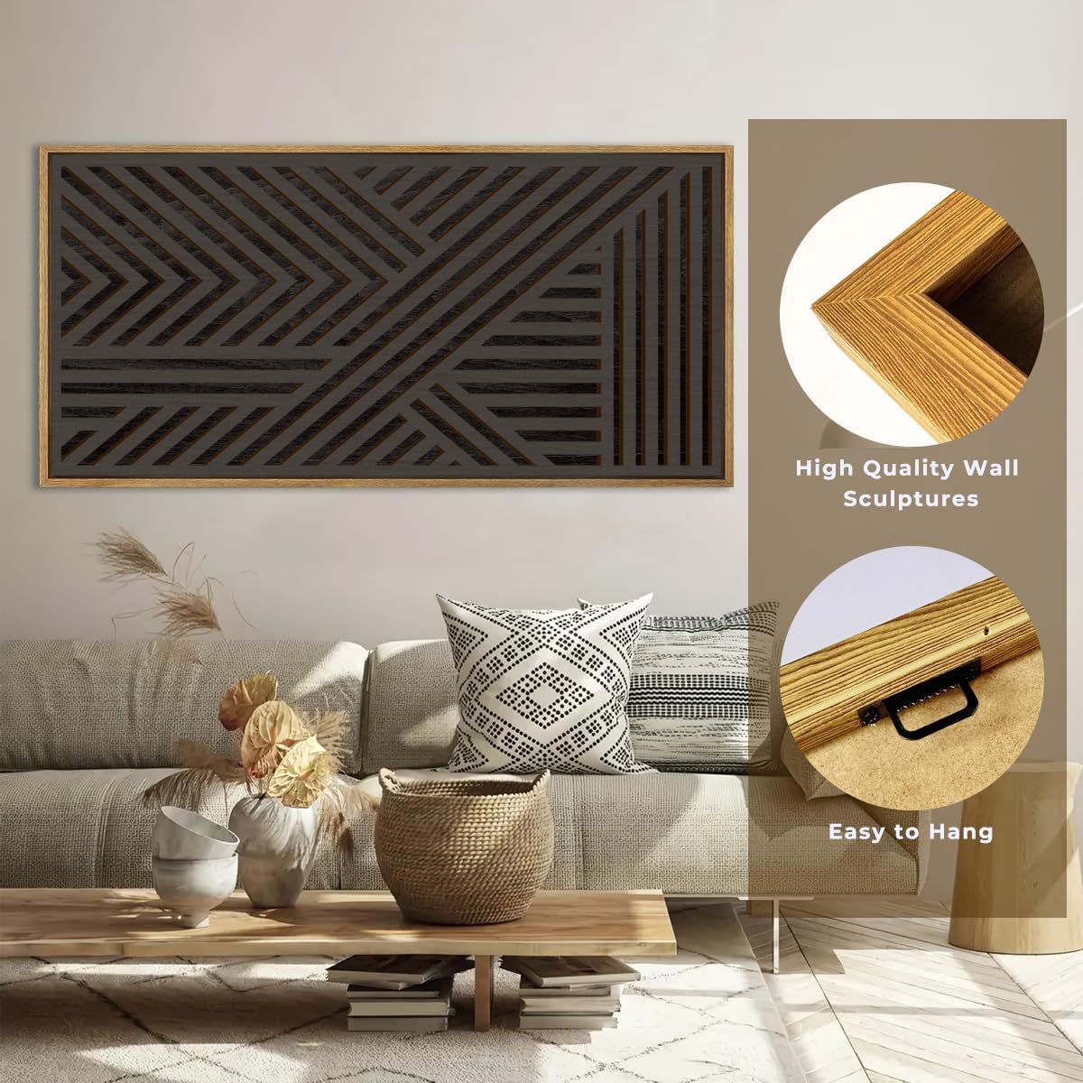 IARTTOP Large Black Framed Wood Wall Art for Living Room Abstract Modern Wooden Wall Decor Neutral