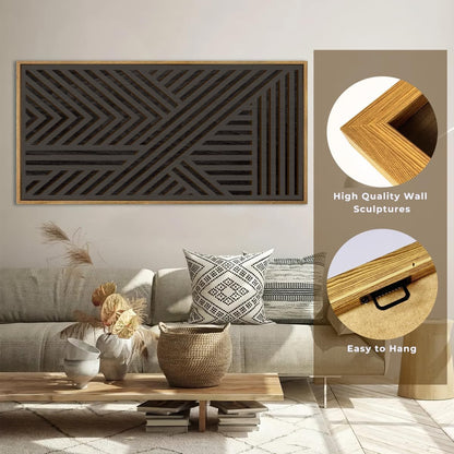 IARTTOP Large Black Framed Wood Wall Art for Living Room Abstract Modern Wooden Wall Decor Neutral