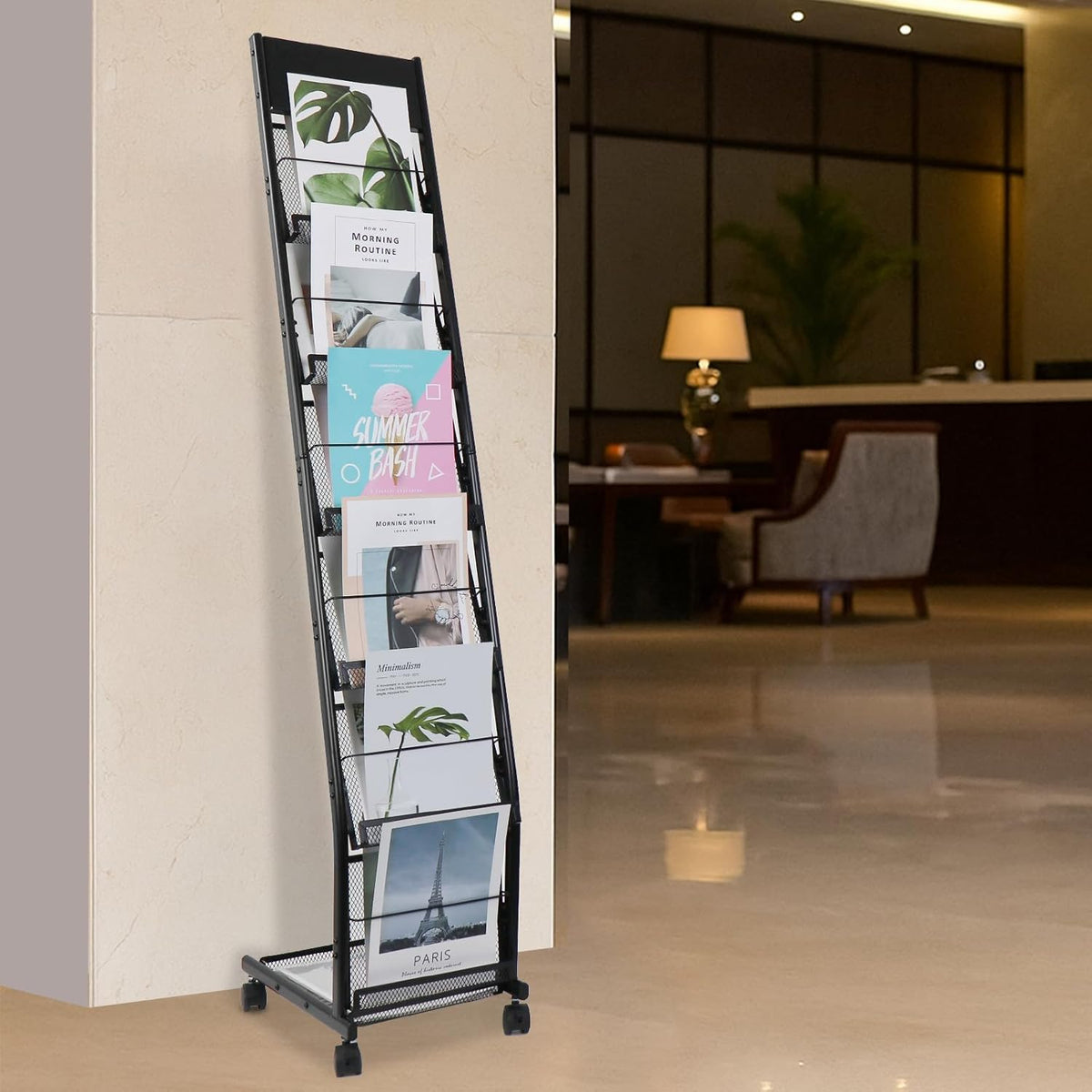 Floor-Standing Magazine Rack 6-Layer with Wheels, Brochure Display Stand for Exhibitions, Office