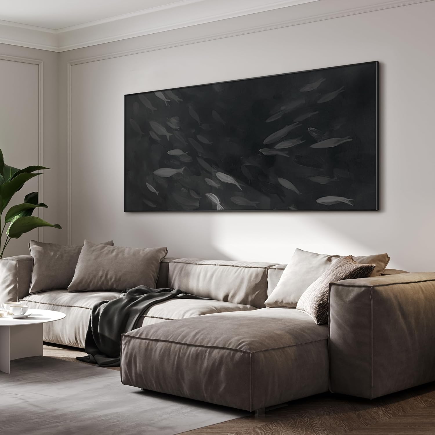 SIGNWIN 24"x46" Extra Large Framed Wall Art Monochrome Fish Silhouettes Illustration for Home