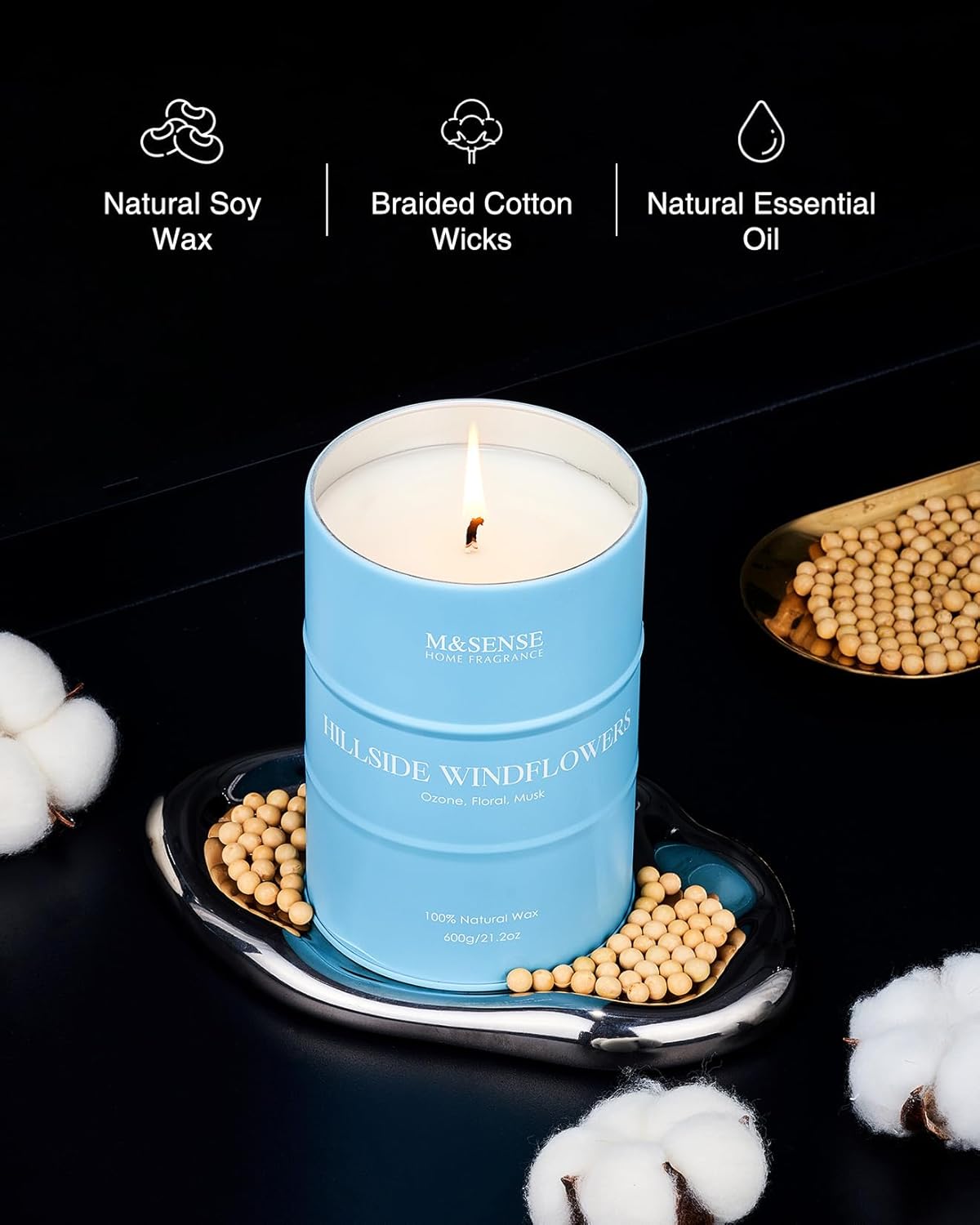 M&SENSE White Flowers Large Natural Scented Candle, 120 Hours Long Lasting Soy Candle 21.2oz