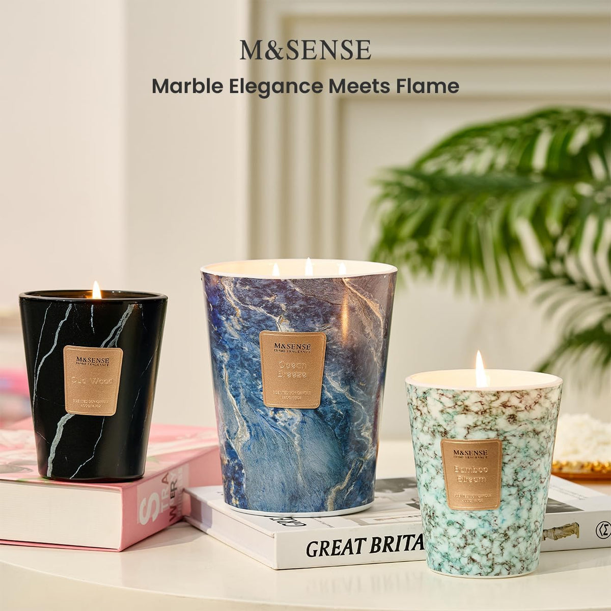 M&SENSE Ocean Breeze Scented Candles for Home, 3-Wick Highly Scented Jar Candles, 35 Oz 150 Hours