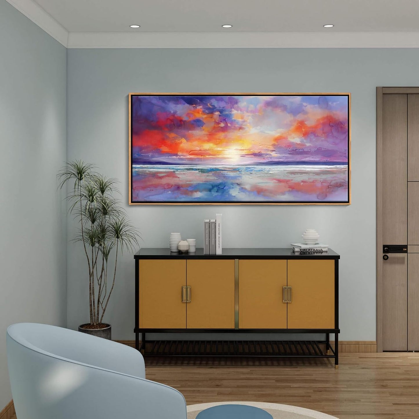 DUNHUANG ART Vibrant Orange Sunset Wall Art - Colorful Ocean Abstract Beach Decor for Living Room &