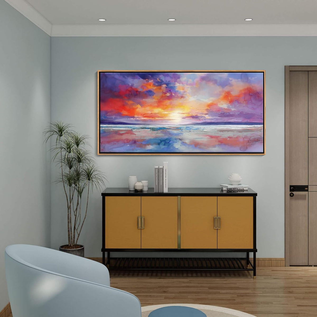 DUNHUANG ART Vibrant Orange Sunset Wall Art - Colorful Ocean Abstract Beach Decor for Living Room &