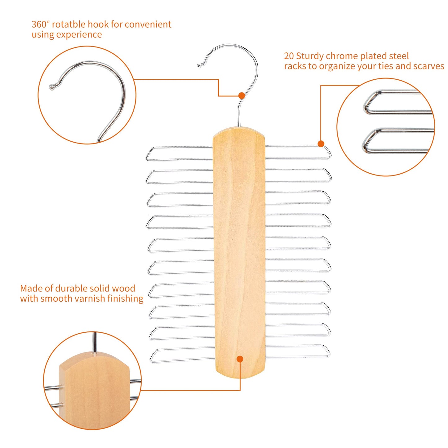 Amazon Basics 20 Bar Wooden Tie Hanger & Belt Rack, Closet Organizer, Natural, 2-Pack