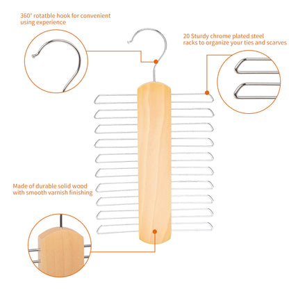 Amazon Basics 20 Bar Wooden Tie Hanger & Belt Rack, Closet Organizer, Natural, 2-Pack