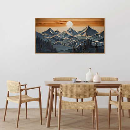 Tinonedraw Metal Mountain Framed Canvas Wall Art, Boho Mountains Forest Artworks, Mid Century
