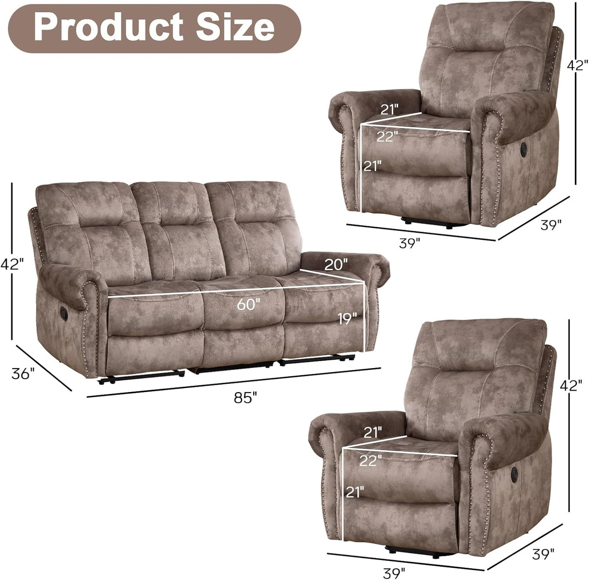 EBELLO 3 Pieces Reclining Couch Furniture Set for Living Room, Double 1 Seat Power Recliner Chair