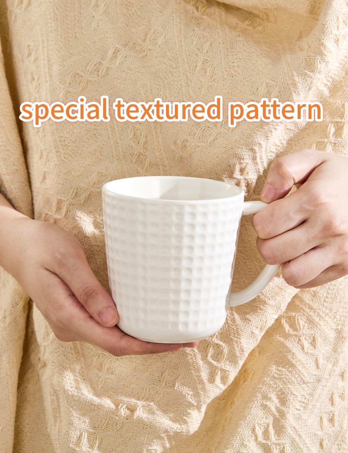 Ceramic Coffee Mugs 15 oz, Large Waffle Embossed Mug Set, Coffee Cups for Latte, Cappuccino, Cocoa
