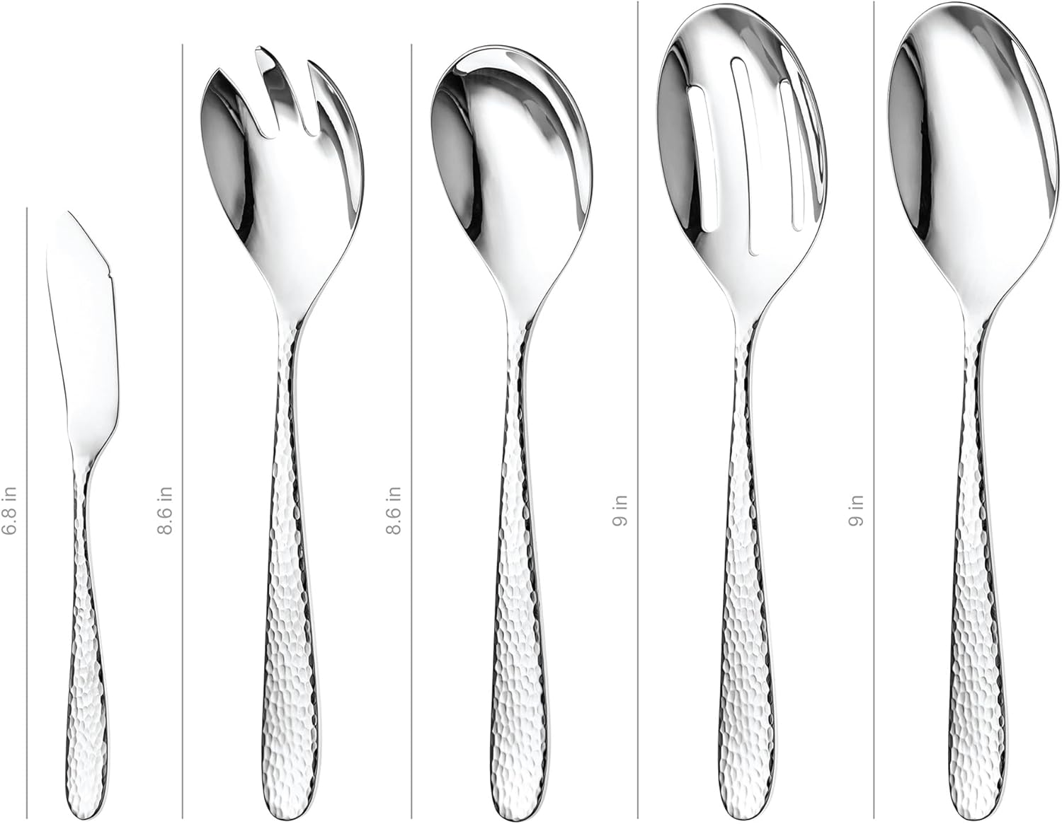 Hammered Serving Utensil Set, 18/10 Stainless Steel Serving Spoons, Salad Servers, Butter Knives