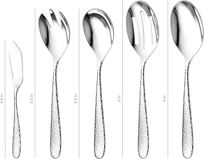 Hammered Serving Utensil Set, 18/10 Stainless Steel Serving Spoons, Salad Servers, Butter Knives