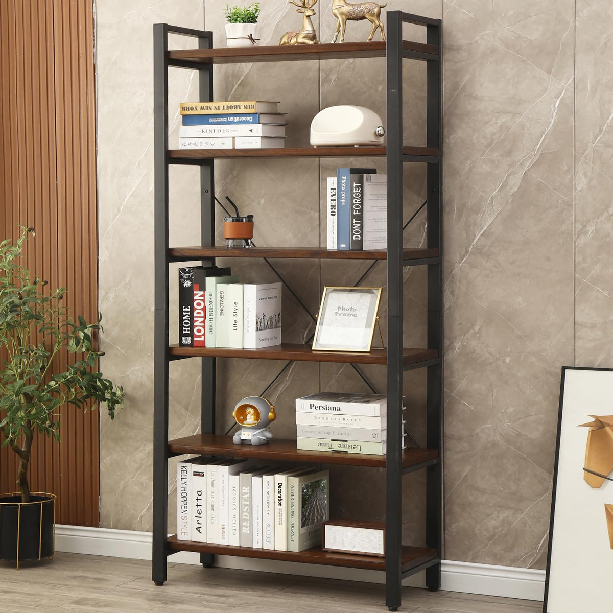 WH-AOERPYMY Natural Real Wood Bookcase,Industrial Bookshelf,6 Tier Solid Wood Open Book Shelf