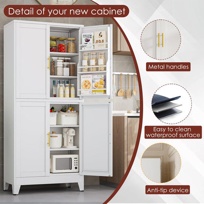 75" H Metal Storage Cabinet, Pantry with 6 Door Shelves and 4 Adjustable Shelves, Leveling Foot for