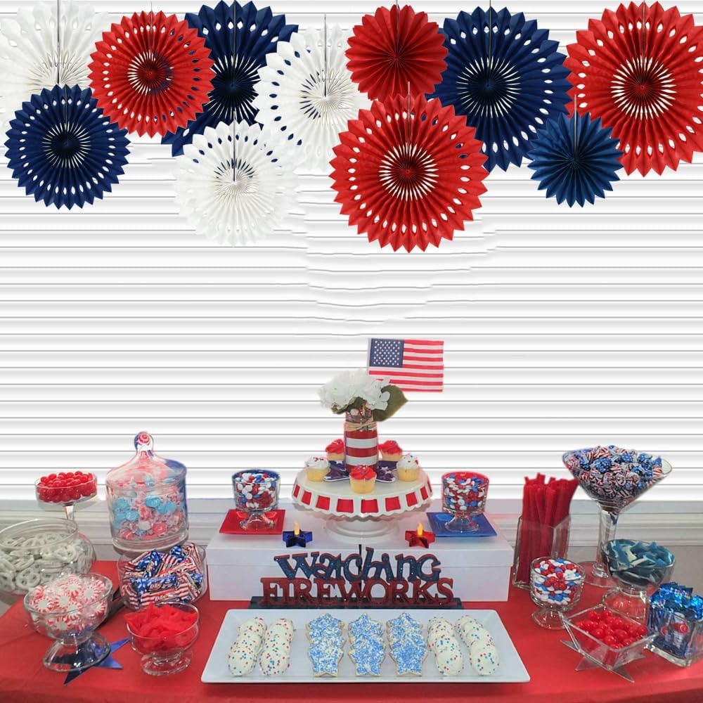 BEISHIDA Red White Blue Hanging Honeycomb Round Paper Fans Decoration Patriotic Theme Tissue Paper