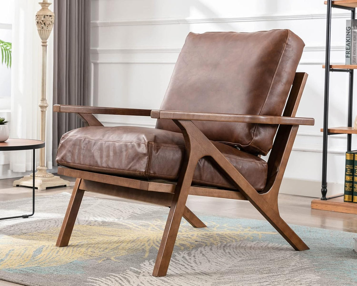HNY Mid Century Arm Chair, Retro Accent Armchair with Wood Frames & Faux Leather Upholstered