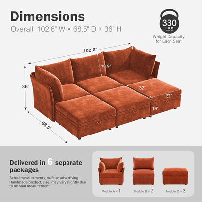 102.6" Luxury Modular Sleeper Sofa Bed 6 Seat Reversible Sectional Couch Deep Seat with Storage