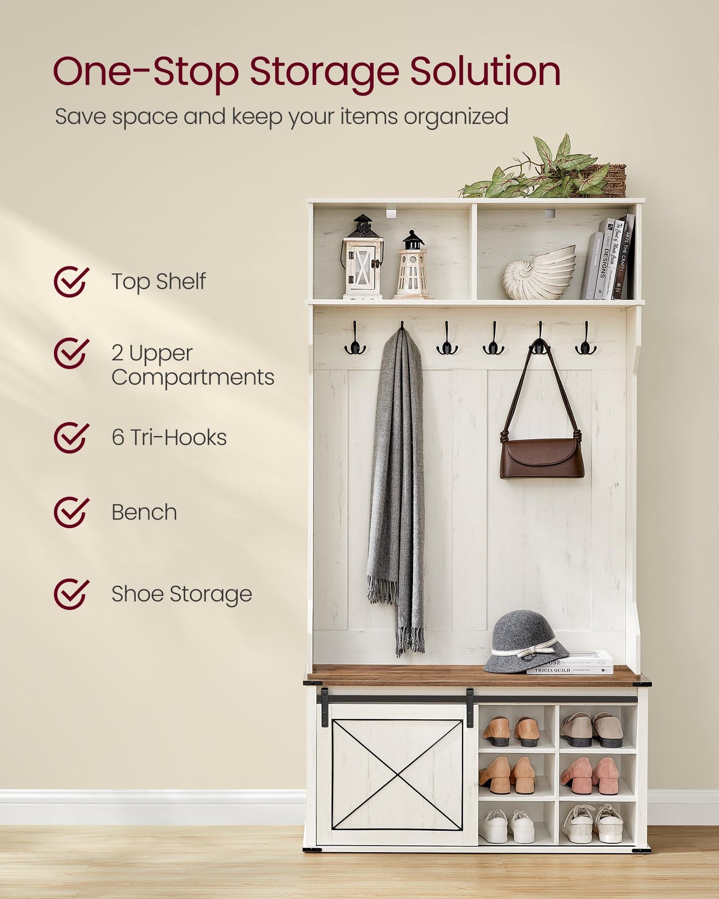 VASAGLE Hall Tree with Bench and Shoe Storage, Coat Rack with Shoe Bench, Entryway Furniture, 6
