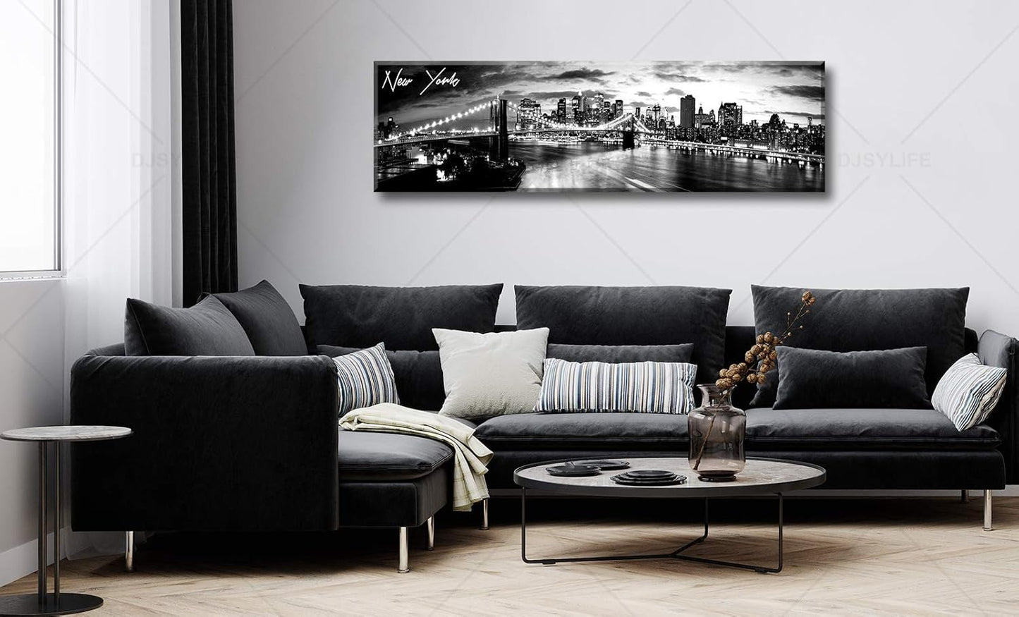 DJSYLIFE New York Skyline Wall Art - Brooklyn Bridge Night View - Black and White Nyc City Pictures